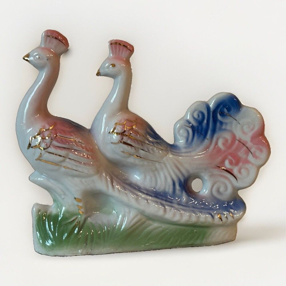 Vintage 1950s Porcelain Double Peacock Figurine Pink Blue Gold Accents Midcentur
